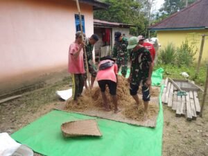 Satgas Pamtas RI-MLY Yonarmed 16/TK Pos Palapasang Bantu Proses Penjemuran Padi