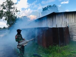 Satgas Yonif 125/SMB Gelar Fogging Rumah Warga Cegah Penyakit Datang di Musim Hujan