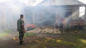 Cegah Penyakit DBD Babinsa Banyudono Bantu Fogging di Desa Bendan