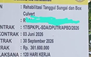 Proyek Rehabilitasi Tanggul Rp361,6 Juta Disorot, Pengawasan Kabid SDA DPUTR Kota Jambi Dipertanyakan