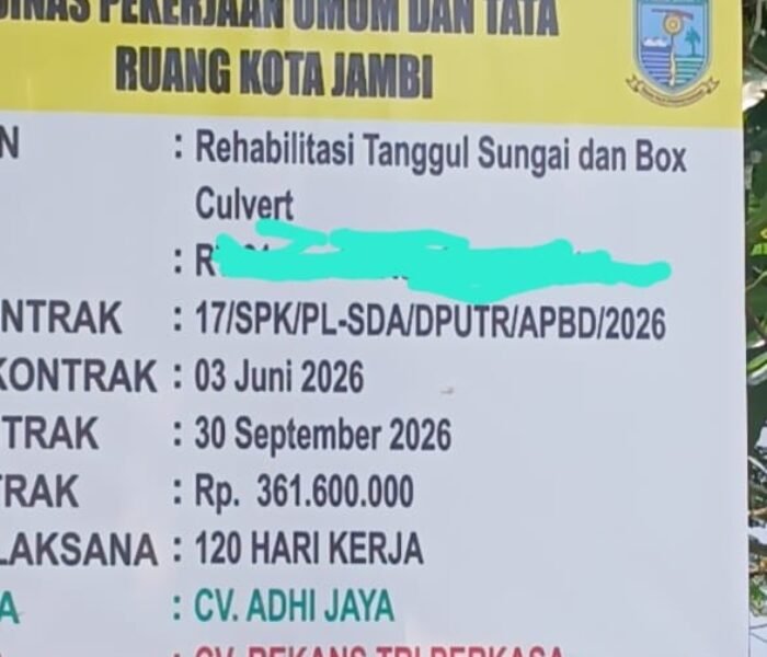 Proyek Rehabilitasi Tanggul Rp361,6 Juta Disorot, Pengawasan Kabid SDA DPUTR Kota Jambi Dipertanyakan